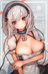 Rule 34 | 1girl, anchor, arm under breasts, azur lane, blush, breasts, character name, choker, cleavage, collarbone, dress, hair between eyes, hairband, lace-trimmed hairband, lace trim, large breasts, looking at viewer, puffy sleeves, red eyes, ribbon, short hair, short sleeves, sidelocks, sirius (azur lane), solo, sparkle, voruvoru, white hair
