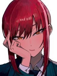 Rule 34 | 1girl, absurdres, black jacket, black necktie, bored, braid, chainsaw man, closed mouth, collared shirt, female focus, fingernails, highres, jacket, lips, long hair, long sleeves, looking at viewer, makima (chainsaw man), necktie, portrait, red hair, ringed eyes, shirt, simple background, solo, white shirt, yellow eyes, zeon (zzeeonn)