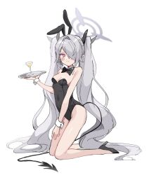 Rule 34 | 1girl, alternate costume, animal ears, black bow, black bowtie, black footwear, black leotard, black ribbon, black tail, blue archive, bow, bowtie, breasts, closed mouth, cocktail glass, cup, demon tail, detached collar, drinking glass, fake animal ears, full body, grey hair, hair ribbon, halo, high heels, highres, holding, holding plate, iori (blue archive), kneeling, leotard, long hair, looking at viewer, pink eyes, plate, playboy bunny, pointy ears, pout, ribbon, sentouryoku 5, simple background, sketch, small breasts, solo, strapless, strapless leotard, tail, twintails, very long hair, white background, wrist cuffs