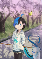 Rule 34 | 1girl, ahoge, animal print, ari hinoko, arms behind back, black hair, black pantyhose, blue hair, bug, butterfly, butterfly net, cherry blossoms, commentary, cutoffs, denim, denim shorts, fish print, hair ornament, hairclip, hand net, happy, heterochromia, highres, hood, hood down, hoodie, insect, lizard tail, looking up, monster girl, motion blur, multicolored hair, original, pantyhose, pantyhose under shorts, park, road, scales, short hair, shorts, smile, smirk, solo, split-color hair, tail, two-tone hair, wakao ruri, walking, whale print