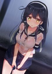 Rule 34 | 10s, 1girl, ahoge, black hair, blush, breasts, brown eyes, collarbone, cowboy shot, cuon (kuon), dripping, dutch angle, female focus, gradient background, kantai collection, large breasts, long hair, looking at viewer, midriff, miniskirt, open mouth, rain, school uniform, see-through, serafuku, short sleeves, skirt, solo, ushio (kancolle), wet, wet clothes, wringing clothes, wringing skirt