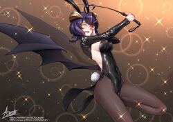 Rule 34 | 1girl, adsouto, ahoge, animal ears, black hair, breasts, covered navel, demon wings, fake animal ears, fake tail, forward facing horns, glowing, glowing eyes, hand on own face, heart, heart ahoge, highres, hiiragi utena, holding, holding riding crop, large breasts, leotard, looking at viewer, low wings, magia baiser, mahou shoujo ni akogarete, pantyhose, playboy bunny, rabbit ears, rabbit tail, riding crop, shrug (clothing), signature, solo, strapless, strapless leotard, tail, tongue, tongue out, wings, yellow eyes