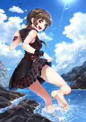 Rule 34 | 10s, 1girl, barefoot, beach, blush, brown hair, choker, clothes lift, cloud, day, dutch angle, feet, final fantasy, final fantasy xv, hayashi keita, highres, hood, iris amicitia, lens flare, looking at viewer, looking back, motion blur, ocean, open mouth, skirt, skirt lift, smile, soles, solo, toes