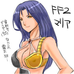Rule 34 | 1980s (style), 1girl, breasts, character name, cleavage, copyright name, female focus, final fantasy, final fantasy ii, large breasts, long hair, lowres, maria (ff2), oldschool, oonishi koala, purple hair, retro artstyle, simple background, solo, translation request, white background, yellow eyes