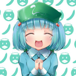 Rule 34 | 1girl, aqua hair, bell, hair bell, hair ornament, own hands clasped, hat, kawashiro nitori, own hands together, smile, solo, touhou, tsugaru (co-walker), twintails, two side up