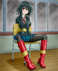 Rule 34 | 1girl, angry, arms behind back, bdsm, black hair, black jacket, black pantyhose, blue skirt, blush, bondage, boots, bound, breast pocket, breasts, buttons, chair, clock eyes, collared shirt, commission, date a live, female focus, full body, hair tie, heterochromia, highres, indoors, jacket, knee boots, long hair, long sleeves, looking at viewer, medium breasts, miniskirt, neck ribbon, nose blush, on chair, open mouth, pantyhose, pixiv commission, pleated skirt, pocket, rain, red eyes, red footwear, red ribbon, ribbon, rubber boots, school chair, school uniform, shiny clothes, shirt, sidelocks, sitting, skirt, solo, symbol-shaped pupils, tape, tied to chair, tokisaki kurumi, v-shaped eyebrows, verdun (berudan), white shirt, window, wooden floor, yellow eyes