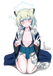 Rule 34 | 1girl, absurdres, animal ears, bare legs, bath yukata, blue archive, breasts, collarbone, double v, extra ears, green hair, groin, halo, head tilt, highres, japanese clothes, kimono, komasi, looking at viewer, medium breasts, multicolored eyes, obi, official alternate costume, sash, seiza, shigure (blue archive), shigure (hot spring) (blue archive), short twintails, simple background, sitting, solo, tokkuri, twintails, v, weasel ears, white background, yukata