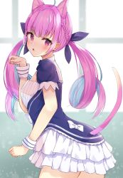 Rule 34 | 1girl, :o, absurdres, ahoge, animal ears, arched back, blue dress, blue hair, blue ribbon, blush, bow, braid, cat ears, cat girl, cat tail, colored inner hair, commentary request, dress, hair ribbon, hand up, highres, hololive, kemonomimi mode, leaning forward, long hair, looking at viewer, looking to the side, minato aqua, minato aqua (1st costume), multicolored hair, parted lips, paw pose, pink hair, puffy short sleeves, puffy sleeves, racchi., red eyes, ribbon, ringlets, short sleeves, solo, streaked hair, tail, tail raised, twintails, two-tone hair, very long hair, virtual youtuber, white bow