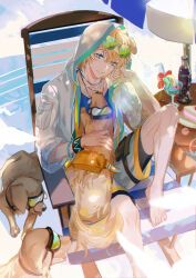 Rule 34 | 1boy, animal ears, arknights, arm support, barefoot, beach chair, beach umbrella, blonde hair, blue eyes, blue shirt, bottle, closed mouth, cup, dog, dog boy, dog ears, drinking glass, drinking straw, eyewear on head, food, foot out of frame, fruit, hair between eyes, head rest, highres, hitokoto, hood, hood up, hooded jacket, infection monitor (arknights), jacket, lemon, lemon slice, male focus, open clothes, open jacket, petting, shirt, short hair, shorts, sitting, solo, sunglasses, tequila (arknights), tinted eyewear, toenails, umbrella, white jacket, white shorts