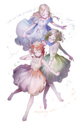 Rule 34 | 3girls, ahoge, anna (yakusoku no neverland), arm up, bare shoulders, barefoot sandals (jewelry), blonde hair, blue dress, blush, braid, closed eyes, closed mouth, commentary request, dress, emma (yakusoku no neverland), english text, facing viewer, from side, full body, gilda (yakusoku no neverland), glasses, green dress, green hair, hair between eyes, highres, holding, holding clothes, holding dress, long hair, medium hair, multiple girls, neck tattoo, number tattoo, orange hair, parted bangs, round eyewear, short hair, short sleeves, simple background, sleeveless, sleeveless dress, smile, sparkle, tattoo, twin braids, white background, white dress, yakusoku no neverland, yala1453