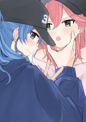 Rule 34 | 2girls, alternate costume, ao (aoi over), bare shoulders, baseball cap, black headwear, blue eyes, blue hair, blue hoodie, blush, check commentary, closed mouth, commentary request, earrings, green eyes, hair between eyes, hand on another&#039;s face, hat, highres, hololive, hood, hood down, hoodie, hoshimachi suisei, jewelry, light smile, long hair, long sleeves, looking at another, looking at viewer, looking back, multiple girls, open mouth, pink hair, profile, sakura miko, smile, star (symbol), star earrings, star in eye, symbol in eye, upper body, v, v-shaped eyebrows, virtual youtuber, yuri