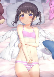 Rule 34 | 1girl, absurdres, bare arms, bare legs, bare shoulders, black hair, blush, child, commentary request, flat chest, hair ornament, hairclip, highres, indoors, looking at viewer, lying, navel, nedia (nedia region), on back, on bed, original, pillow, purple eyes, shirt, unworn shirt, short hair, solo, stuffed animal, stuffed rabbit, stuffed shark, stuffed toy, teddy bear, two side up, underwear, underwear only, white shirt