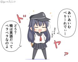 Rule 34 | 1girl, akatsuki (kancolle), anchor symbol, arms behind back, black hair, black pantyhose, black sailor collar, black skirt, book, chibi, commentary request, closed eyes, flat cap, full body, goma (yoku yatta hou jane), hat, kantai collection, long hair, one-hour drawing challenge, open mouth, pantyhose, pleated skirt, sailor collar, school uniform, serafuku, simple background, skirt, smile, solo, standing, twitter username, white background
