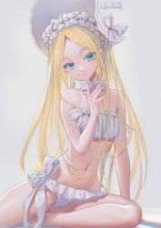 Rule 34 | 1girl, :o, abigail williams (fate), abigail williams (swimsuit foreigner) (fate), abigail williams (swimsuit foreigner) (third ascension) (fate), artist name, bare arms, bare legs, bare shoulders, bikini, blonde hair, blue eyes, blush, bonnet, bow, bowtie, cameltoe, fate/grand order, fate (series), finger to own chin, frilled bikini, frills, grey background, haneru, head tilt, highres, leaning to the side, long hair, looking at viewer, navel, parted lips, ribbon, simple background, sitting, solo, stomach, straight hair, swimsuit, white bikini, white bow, white bowtie, white headwear, white ribbon