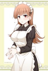 Rule 34 | 1girl, alternate costume, apron, black dress, blush, breasts, brown hair, cowboy shot, dress, enmaided, jewelry, kantai collection, large breasts, long hair, long sleeves, maid, maid apron, maid headdress, ooi (kancolle), puffy long sleeves, puffy sleeves, red eyes, ring, rui shi (rayze ray), solo, standing, wedding band, white apron