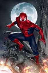 Rule 34 | 1boy, alt text, artist name, blue bodysuit, bodysuit, full moon, gargoyle, highres, in-hyuk lee, instagram username, male focus, marvel, mask, moon, night, night sky, outdoors, peter parker, red bodysuit, silk, sky, solo, spider-man, spider-man (series), spider web, spider web print, statue, superhero costume, the amazing spider-man, two-tone bodysuit