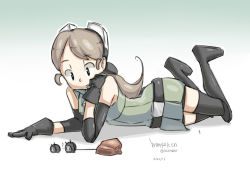 Rule 34 | 1girl, belt, black thighhighs, borrowed character, brown hair, bug, dress, elbow pads, gloves, goggles, goggles on head, green eyes, long hair, lying, maizken, mayzken, md5 mismatch, on side, original, plume (junkpuyo), ponytail, resized, resolution mismatch, rock, short dress, shorts, shorts under dress, shorts under skirt, sleeveless, solo, source smaller, thighhighs, upscaled