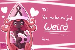 Rule 34 | 1girl, artist name, bare shoulders, black skin, blue eyes, blush, breasts, collarbone, colored skin, creatures (company), dated, english text, female focus, game freak, gen 7 pokemon, half-closed eyes, hand up, happy valentine, hat, heart, laranthrod, large breasts, legendary pokemon, looking away, looking to the side, multicolored eyes, navel, nintendo, no humans, no mouth, outline, personification, pink background, pink eyes, pink hair, pink hat, pokemon, pokemon (creature), pokemon sm, solo, strapless, tapu lele, text focus, tube top, upper body, valentine, watermark