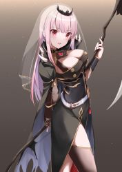 Rule 34 | 1girl, absurdres, black dress, blunt bangs, breasts, cleavage, detached sleeves, dress, highres, holding, hololive, hololive english, large breasts, long hair, looking at viewer, mori calliope, nail polish, open mouth, pink eyes, pink hair, scythe, simple background, solo, spikes, tiara, veil, virtual youtuber, yanagi marie