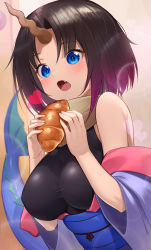 Rule 34 | 1girl, :o, absurdres, ahoge, bad id, bad pixiv id, bare shoulders, black hair, blue eyes, blush, breasts, croissant, detached sleeves, eating, elma (maidragon), fang, food, gradient background, gradient hair, heart, highres, holding, holding food, jsih, kobayashi-san chi no maidragon, large breasts, lens flare, long sleeves, multicolored hair, obi, one-piece swimsuit, open mouth, orange background, parted bangs, purple hair, sash, short hair, solo, swimsuit, tail, taut clothes, upper body