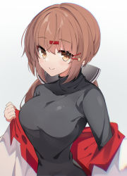 Rule 34 | 1girl, absurdres, black bow, black shirt, blush, bow, breasts, brown eyes, brown hair, closed mouth, fathom, gradient background, hair between eyes, hair bow, hair ornament, hairclip, highres, kantai collection, large breasts, long hair, long sleeves, shirt, smile, solo, tashkent (kancolle), upper body