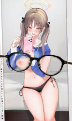 Rule 34 | 1girl, absurdres, bikini, black bikini, blue archive, blush, breasts, brown eyes, brown hair, candy, cellphone, censored, food, glasses, halo, highres, holding, holding candy, holding food, holding phone, large breasts, long hair, long sleeves, looking at viewer, moe (blue archive), moe (swimsuit) (blue archive), mosaic censoring, navel, niku (hamuchang), official alternate costume, open mouth, paid reward available, phone, smartphone, smile, solo, swimsuit, twintails, x-ray glasses, x-ray vision, yellow halo