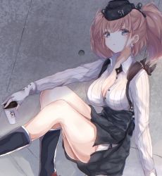Rule 34 | 1girl, anchor hair ornament, atlanta (kancolle), bad id, bad twitter id, black footwear, black headwear, black skirt, boots, bra visible through clothes, breasts, brown hair, coffee cup, cup, disposable cup, dress shirt, earrings, garrison cap, garter straps, gloves, grey eyes, hair ornament, hat, high-waist skirt, highres, jewelry, kantai collection, large breasts, long hair, long sleeves, partially fingerless gloves, rudder footwear, sa-ya2, shirt, skirt, star (symbol), star earrings, suspender skirt, suspenders, thigh strap, two side up, white gloves, white shirt