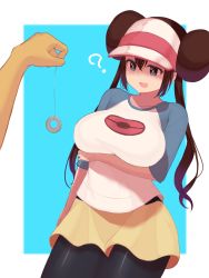 Rule 34 | 1girl, ?, acow, arm under breasts, black pantyhose, blue eyes, breasts, brown hair, coin, commentary request, creatures (company), double bun, game freak, gen 1 pokemon, hair bun, highres, holed coin, hypno, large breasts, long hair, mind control, nintendo, open mouth, pantyhose, pantyhose under shorts, pendulum, poke ball print, pokemon, pokemon (creature), pokemon bw2, raglan sleeves, rosa (pokemon), short shorts, shorts, sleeves past elbows, standing, twintails, two-tone background, two-tone headwear, visor cap, yellow shorts