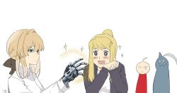 Rule 34 | + +, 10s, 2boys, 2girls, :d, ahoge, alphonse elric, armor, blonde hair, blue eyes, blue jacket, bow, brown bow, club3, collared shirt, crossover, drooling, edward elric, eyebrows, fullmetal alchemist, hair bow, hair intakes, hand up, hands up, highres, jacket, long sleeves, mechanical arms, multiple boys, multiple girls, open mouth, own hands together, ponytail, saliva, shirt, signature, simple background, smile, sparkle, sweatdrop, violet evergarden, violet evergarden (series), white background, white shirt, wing collar, winry rockbell