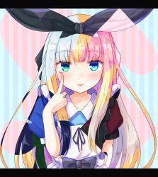 Rule 34 | 1girl, akanbe, baram, black bow, black hair, black ribbon, blonde hair, blue eyes, blunt bangs, bow, commentary request, eyelid pull, green eyes, hair ribbon, letterboxed, long hair, looking at viewer, mononobe alice, mononobe alice (1st costume), multicolored hair, nijisanji, pink hair, playing card theme, puffy short sleeves, puffy sleeves, ribbon, short sleeves, sidelocks, silver hair, solo, striped, striped background, tongue, tongue out, upper body, vertical stripes, virtual youtuber