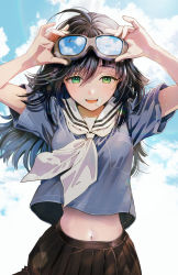 Rule 34 | 1girl, bandaid, bandaid on face, blouse, blue shirt, breasts, brown hair, brown skirt, commentary request, day, goggles, goggles on head, green eyes, highres, long hair, medium breasts, midriff, navel, neckerchief, open mouth, original, outdoors, pleated skirt, puffy short sleeves, puffy sleeves, sailor collar, school uniform, shirt, short sleeves, shounen jump, skirt, skydive, solo, stomach, tonogaya, white neckerchief, white sailor collar