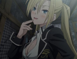 Rule 34 | 10s, 1girl, blonde hair, blue eyes, blush, breasts, cleavage, female focus, indoors, lieselotte sherlock, long hair, looking at viewer, open clothes, open mouth, open shirt, school uniform, screencap, selina sherlock, shirt, solo, trinity seven, twintails