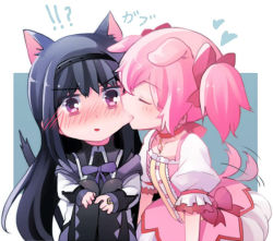 Rule 34 | !?, 2girls, :o, akemi homura, animal ears, arms up, biting, black hair, black hairband, black pantyhose, black shirt, blouse, blue background, blush, border, bow, bowtie, cat ears, cat girl, cat tail, cheek biting, choker, christy mii, closed eyes, coat, collar, collared coat, collared shirt, dog ears, dog girl, dog tail, dress, dress shirt, frilled dress, frilled skirt, frilled sleeves, frills, hair between eyes, hairband, head tilt, heart, kaname madoka, knees up, legs up, long hair, long sleeves, magical girl, mahou shoujo madoka magica, mahou shoujo madoka magica (anime), multiple girls, open mouth, pantyhose, pink dress, pink hair, pink tail, puffy sleeves, purple bow, purple collar, purple eyes, purple neckwear, purple skirt, red choker, shirt, short hair, short sleeves, short twintails, simple background, skirt, tail, tail wagging, teeth, twintails, two side up, v arms, white border, white coat, white sleeves, yuri