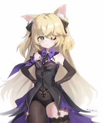 Rule 34 | 1girl, animal ears, bare shoulders, black ribbon, blonde hair, blush, bow, bowtie, breasts, bridal gauntlets, cat ears, chuunibyou, collar, commentary request, eyepatch, fischl (genshin impact), garter straps, genshin impact, gloves, green eyes, hair over one eye, hair ribbon, highres, kemonomimi mode, leotard, long hair, looking at viewer, purple bow, purple bowtie, purple ribbon, ribbon, simple background, single bridal gauntlet, single sleeve, single thighhigh, small breasts, solo, tailcoat, thighhighs, two side up, yukiri (l ii)