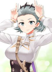 Rule 34 | 1girl, absurdres, arms up, breasts, closed mouth, commission, commissioner upload, cosplay, fire emblem, fire emblem: three houses, fire emblem fates, garreg mach monastery uniform, grey eyes, grey hair, hairband, highres, igni tion, large breasts, looking at viewer, medium breasts, nintendo, petra macneary, petra macneary (cosplay), short hair, simple background, smile, solo, sophie (fire emblem), upper body