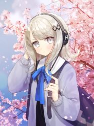 Rule 34 | 1girl, backpack, bad id, bad pixiv id, bag, blue cardigan, blue ribbon, blush, cardigan, character request, cherry blossoms, closed mouth, commentary, day, expressionless, forever 7th capital, grey eyes, hair ornament, hairclip, hand in own hair, hand up, headphones, highres, long hair, long sleeves, looking at viewer, neck ribbon, open cardigan, open clothes, outdoors, petals, revision, ribbon, school uniform, sidelocks, silhouette, solo, spring (season), ssumbi, swept bangs, symbol-only commentary, tree, upper body