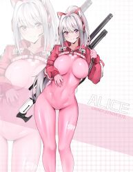 Rule 34 | 1girl, absurdres, alice (nikke), animal ear headphones, animal ears, bodysuit, breasts, covered navel, fake animal ears, gloves, goddess of victory: nikke, gs (onsen syndicate), gun, gun on back, headphones, headset, highres, impossible bodysuit, impossible clothes, jacket, large breasts, latex, latex bodysuit, long hair, looking at viewer, multicolored clothes, multicolored gloves, pink bodysuit, pink eyes, pink gloves, pink headphones, ponytail, red jacket, skin tight, smile, solo, two-tone gloves, weapon, weapon on back