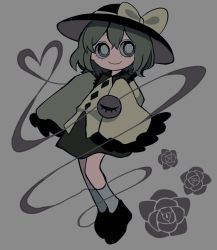 Rule 34 | 1girl, black footwear, black hat, blouse, bow, bright pupils, buttons, closed mouth, diamond button, dmebgsa3, frilled shirt collar, frilled sleeves, frills, full body, green eyes, green hair, green skirt, grey background, grey socks, hair between eyes, hands up, hat, hat bow, heart, heart of string, highres, komeiji koishi, long sleeves, looking at viewer, medium hair, shirt, shoes, simple background, skirt, sleeves past fingers, sleeves past wrists, smile, socks, solo, third eye, touhou, white pupils, wide-eyed, wide sleeves, yellow bow, yellow shirt