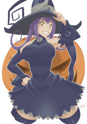 Rule 34 | 1girl, absurdres, artist request, blair (soul eater), breasts, fang, flipped hair, grin, hair between eyes, hat, highres, large breasts, long hair, pumpkin, purple hair, smile, solo, soul eater, wide hips, witch hat, yellow eyes