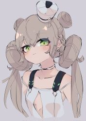 Rule 34 | 1girl, bare shoulders, blush, breasts, c civciv, choker, cleavage, cleavage cutout, clothing cutout, collarbone, double bun, dress, eucharist (neural cloud), girls&#039; frontline, girls&#039; frontline neural cloud, green eyes, grey background, hair bun, hat, highres, light brown hair, long hair, looking at viewer, mini hat, simple background, small breasts, smile, solo, twintails, upper body, white dress