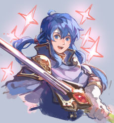 Rule 34 | 1boy, blue eyes, blue hair, cape, fire emblem, fire emblem: genealogy of the holy war, fire emblem: thracia 776, garmmy, gloves, headband, holding, holding sword, holding weapon, long hair, looking at viewer, male focus, nintendo, painting (medium), ponytail, seliph (fire emblem), simple background, smile, solo, sword, traditional media, tyrfing (fire emblem), watercolor (medium), weapon