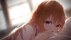 Rule 34 | 1girl, :d, absurdres, bed sheet, blurry, blurry background, blush, brown hair, hair between eyes, highres, konoe kanata, light particles, long hair, looking at viewer, love live!, love live! nijigasaki high school idol club, lying, on stomach, open mouth, purple eyes, smile, solo, straight hair, tanaka212, upper body
