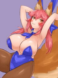 Rule 34 | 1girl, animal ears, blue leotard, blush stickers, breasts, fate/extra, fate/grand order, fate (series), large breasts, leotard, pink hair, playboy bunny, steamingtofu, tail, tamamo (fate), tamamo no mae (fate/extra)