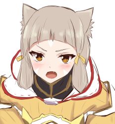 Rule 34 | 1girl, :o, absurdres, animal ears, blunt bangs, blush, brown hair, cat ears, cat girl, facepaint, fang, fukai asase, highres, jumpsuit, long sleeves, looking at viewer, nia (xenoblade), open mouth, simple background, solo, upper body, v-shaped eyebrows, white background, xenoblade chronicles (series), xenoblade chronicles 2, yellow eyes, yellow jumpsuit