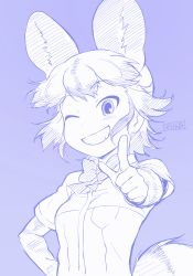 Rule 34 | 1girl, ;), african wild dog (kemono friends), african wild dog print, animal ears, animal print, bow, bowtie, breast pocket, dog ears, dog tail, extra ears, floating hair, grin, hand on own hip, hand up, highres, kemono friends, layered sleeves, long sleeves, looking at viewer, masuyama ryou, one eye closed, outstretched arm, pocket, pointing, pointing at viewer, print sleeves, shirt, short hair, short over long sleeves, short sleeves, sidelocks, smile, solo, tail, upper body
