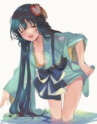Rule 34 | 1girl, blue hair, blush, breasts, brown eyes, cleavage, clothes lift, collarbone, cowboy shot, dot nose, floral print, flower, green kimono, hair flower, hair ornament, highres, holding, idolmaster, idolmaster million live!, idolmaster million live! theater days, japanese clothes, kimono, kitakami reika, long hair, long sleeves, looking at viewer, low twintails, medium breasts, morning glory, morning glory print, nys, one eye closed, open mouth, partially submerged, print kimono, red flower, signature, smile, solo, standing, twintails, two-tone sash, very long hair, wading, water, wet, white background, wide sleeves, yellow flower