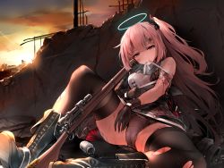 Rule 34 | 1girl, ambriel (arknights), arknights, ass, bandaged arm, bandages, bare shoulders, black footwear, black gloves, black jacket, black thighhighs, bolt action, boots, bottle, breasts, breath, bruise, cameltoe, crotch seam, gloves, grey panties, grey shirt, gun, half-closed eyes, halo, highres, injury, jacket, knee up, lee-enfield, long hair, long sleeves, looking at viewer, medium breasts, mouth hold, one side up, outdoors, panties, pink hair, purple eyes, rifle, ruins, scope, shirt, sleeveless, sleeveless shirt, sniper rifle, solo, sunlight, thighhighs, thighs, torn clothes, torn shirt, torn thighhighs, twilight, underwear, upper, usuki (graygreed), weapon