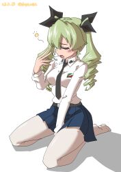 Rule 34 | 1girl, absurdres, anchovy (girls und panzer), anzio school uniform, belt, black belt, black necktie, black ribbon, blue skirt, closed eyes, commentary, dated, dress shirt, drill hair, drops mint, emblem, girls und panzer, green hair, hair ribbon, highres, kneeling, long hair, long sleeves, miniskirt, necktie, no shoes, open mouth, pantyhose, pleated skirt, ribbon, school uniform, shadow, shirt, skirt, solo, tearing up, twin drills, twintails, twitter username, white pantyhose, white shirt, wing collar, yawning
