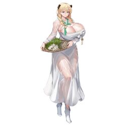 Rule 34 | 1girl, animal ears, basket, bear ears, bear girl, blonde hair, blue eyes, braid, breastless clothes, breasts, budget sarashi, check clothing, chest sarashi, cleavage, closed mouth, collarbone, extra ears, food, frigga (last origin), garlic, gigantic breasts, hair between eyes, hanbok, highres, holding, holding basket, huge breasts, korean clothes, last origin, lips, looking at viewer, mole, mole under mouth, official alternate costume, official art, pointy footwear, sarashi, simple background, smile, solo, standing, tachi-e, third-party source, tiptoes, transparent background, twin braids, u-rix, vegetable, wet, white footwear