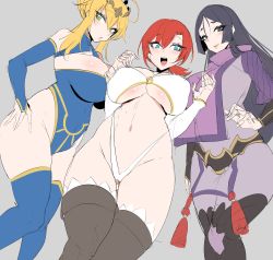 Rule 34 | 3girls, absurdres, ahoge, artoria pendragon (fate), artoria pendragon (lancer) (fate), bad id, bad pixiv id, blue thighhighs, blush, boots, boudica (fate), breasts, circlet, cleavage, cleavage cutout, clothing cutout, curvy, fate/grand order, fate (series), funaya (a2brasd), green eyes, hair between eyes, heattech leotard, highres, large breasts, long hair, looking at viewer, minamoto no raikou (fate), mother&#039;s day, multiple girls, navel, open mouth, smile, thigh boots, thighhighs, turtleneck